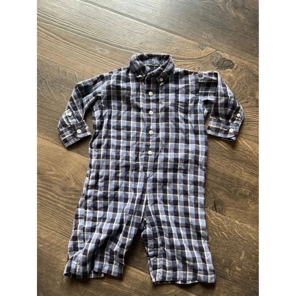 Ralph Lauren Baby Boy Blue Plaid Flannel Romper One Piece 3-6 Months Long Sleeve